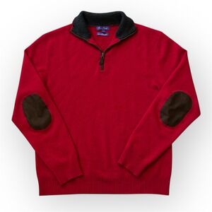 Alan Flusser Mens Red 100% Cashmere Quarter Zip Sweater Elbow Patches Size M